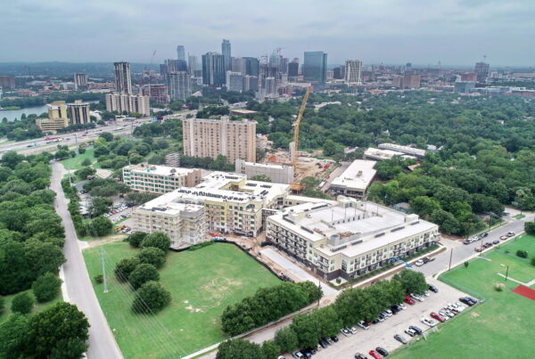 Looking over the Hatchery site towards downtown Austin — that’s the Weaver apartment building in the foreground. Image: Chasco Constructors / SSG Momark Collaborative