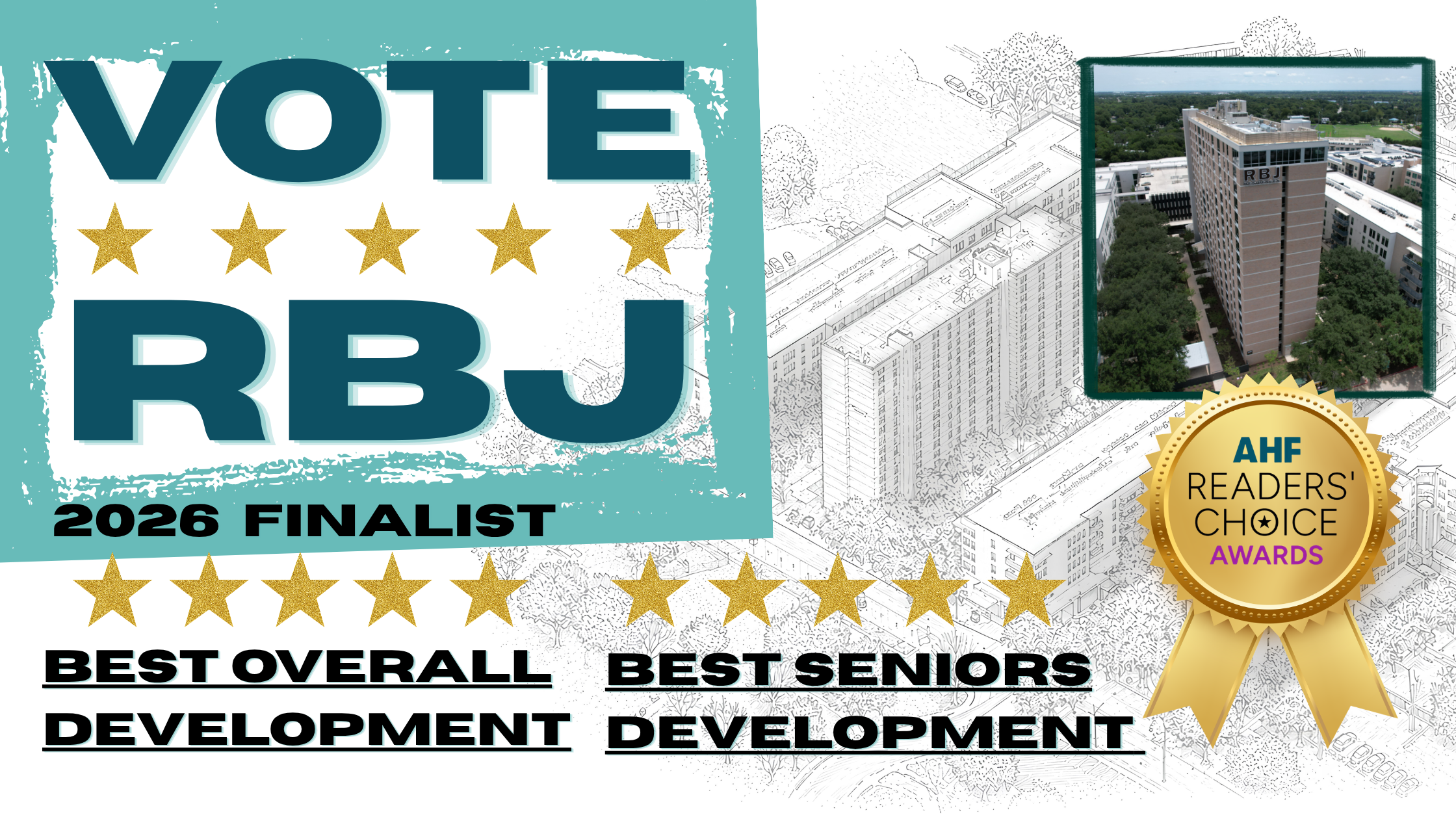 Banner graphic reading 'VOTE RBJ' with five gold stars, alongside a photo of The Rebekah tower and an architectural rendering of the RBJ campus. Text reads '2026 Finalist' with the AHF Readers' Choice Awards seal, and two five-star ratings labeled 'Best Seniors Development' and 'Best Overall Development.'
